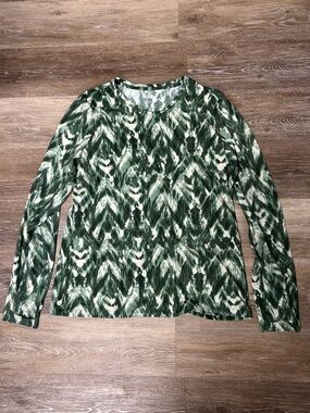 Duluth Trading UPF Shirt Womens Large Green/Ivory Suit Up Swim Long Sleeve Beach